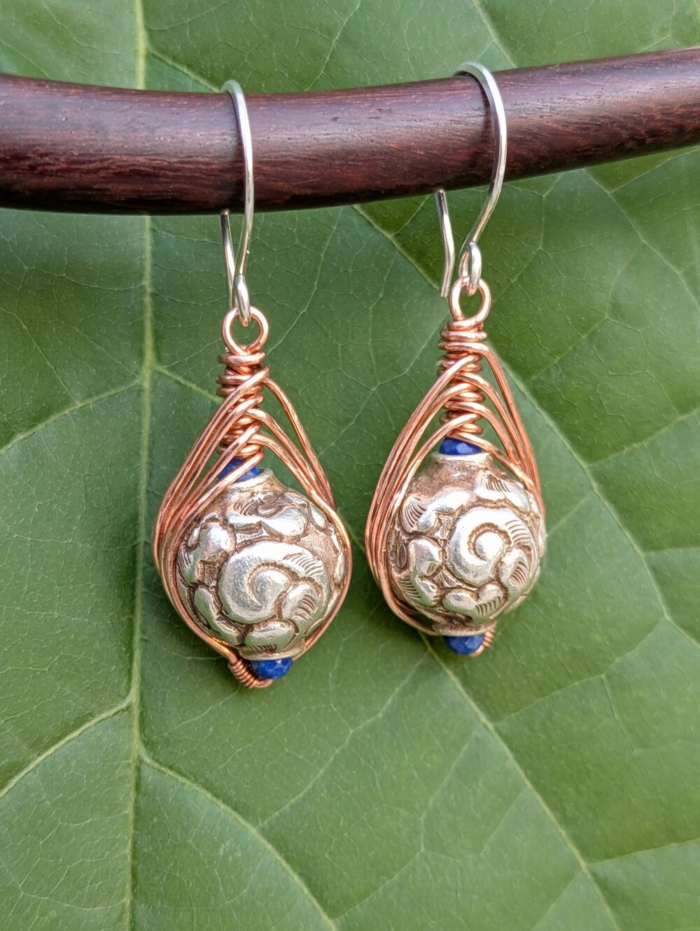Artisan Repousse Earrings- Mixed Metal with Sterling Silver Hooks - Picture 2 of 11